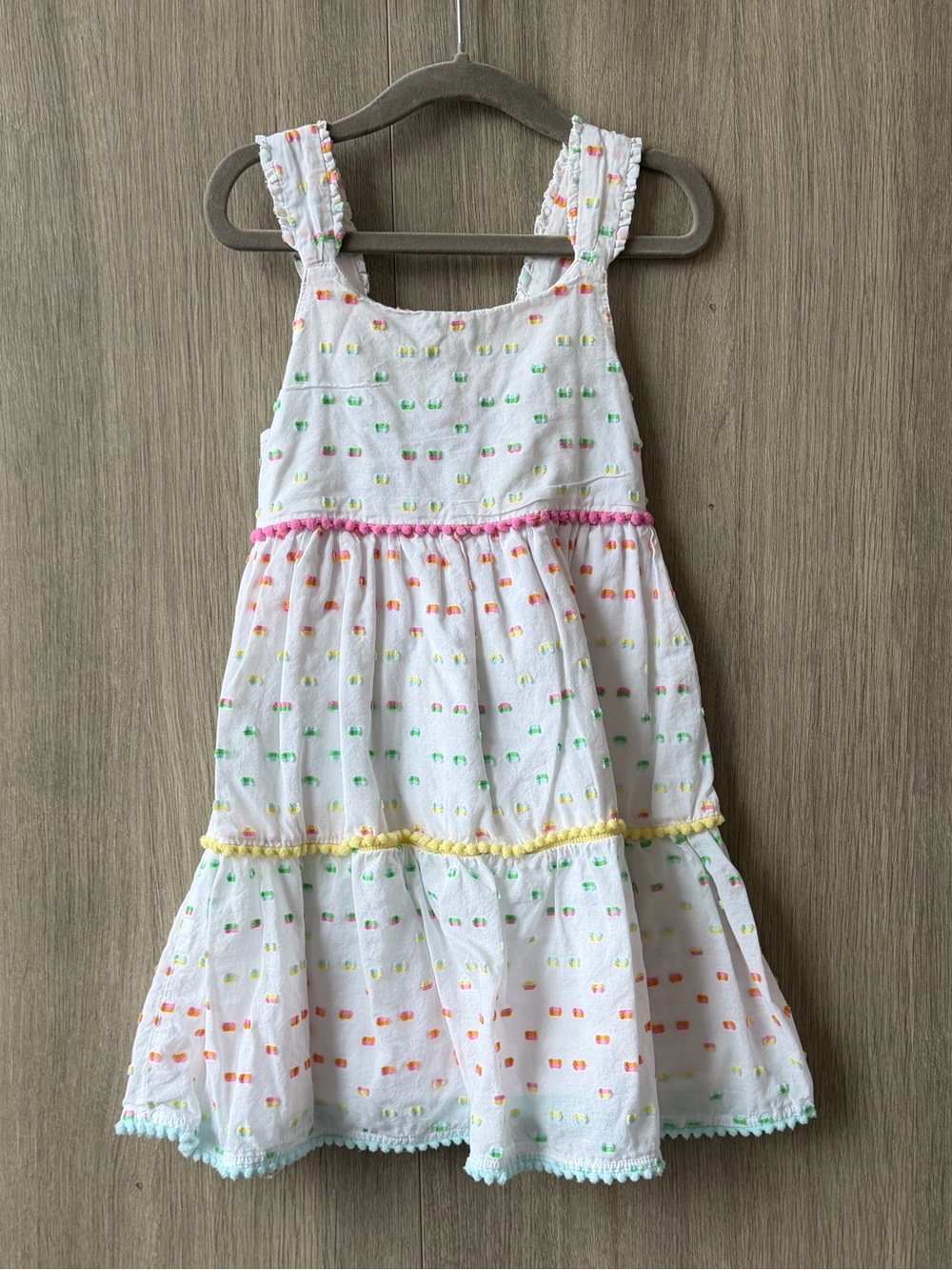 Juicy Couture White Tiered Dress with Multicolor Dot Accents- size 5